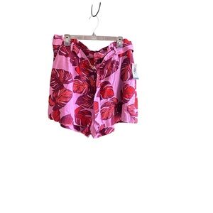 NWT Sofia Jeans pink tropical plant design linen blend belted shorts Sz XXL